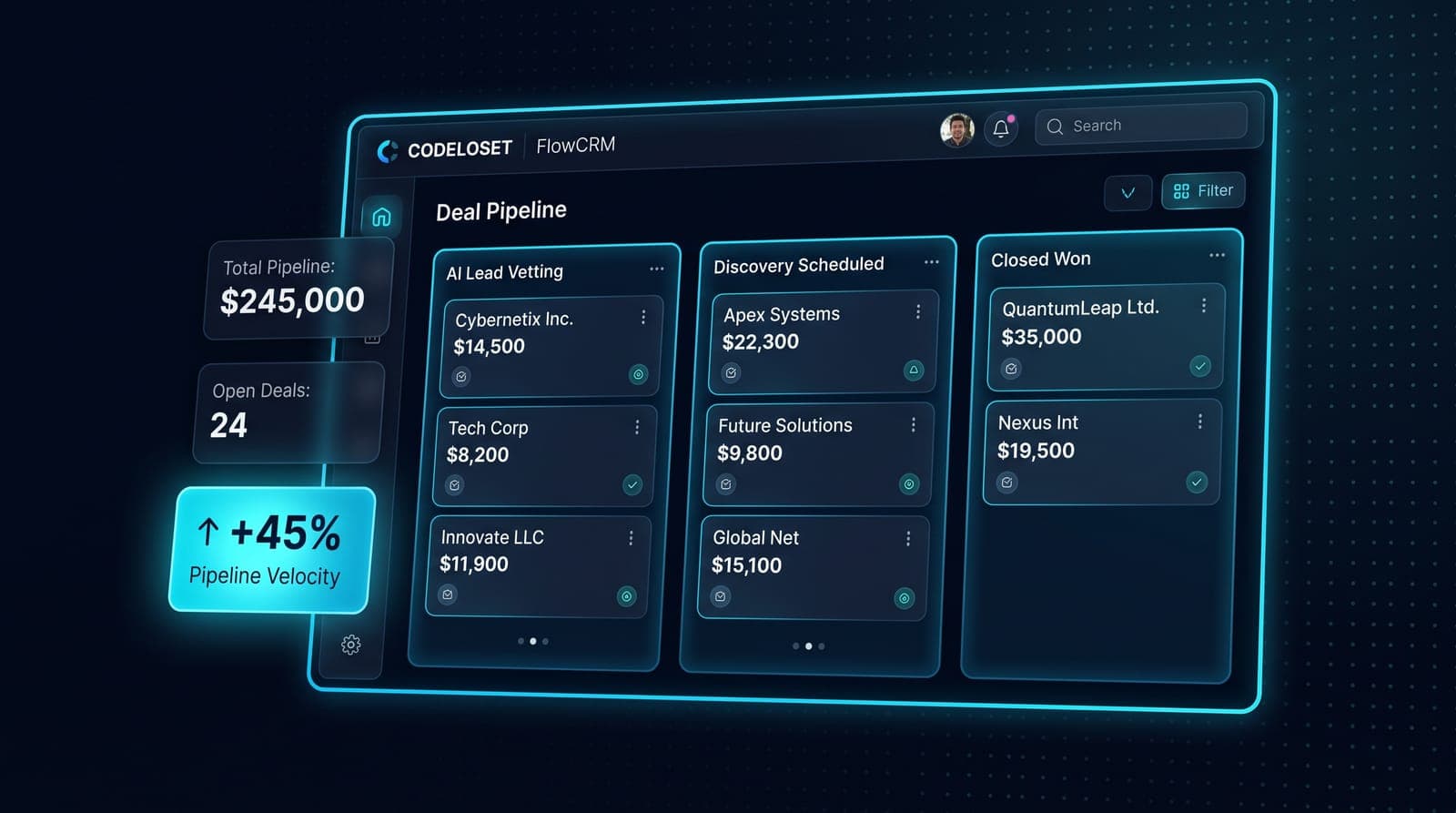 CODELOSET FlowCRM: Our Autonomous AI Sales Engine Preview Screenshot